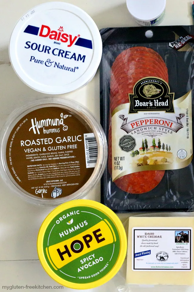Ingredients for gluten-free dips and meat cheese tray