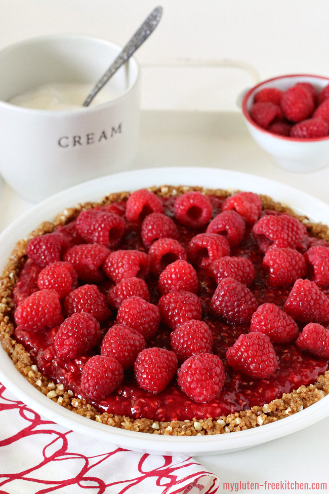 Gluten free Raspberry Cream Pie. Top this no-bake pie with fresh whipped cream!