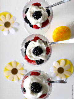 Easy Gluten-free Berry Trifles. Made with fresh raspberries and blackberries and homemade whipped cream with a hint of lemon.