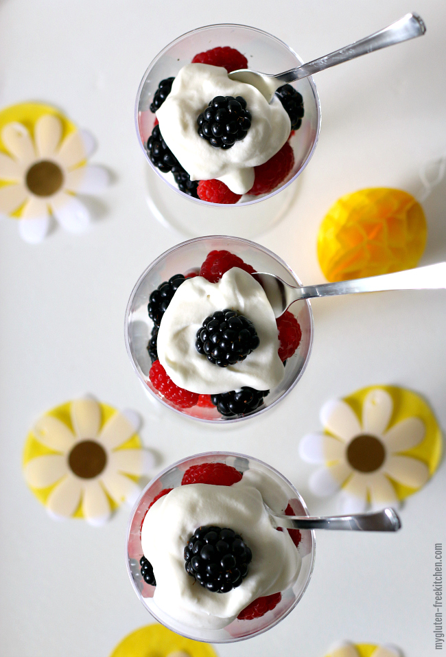 Easy Gluten-free Berry Trifles. Made with fresh raspberries and blackberries and homemade whipped cream with a hint of lemon.