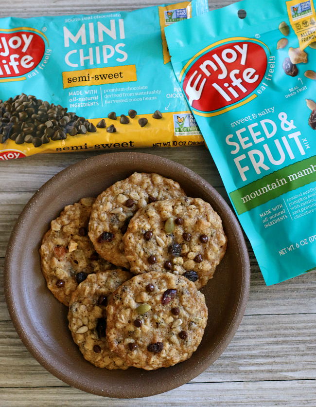 Gluten-free Cowboy Cookies made nut free Enjoy Life seed fruit mix