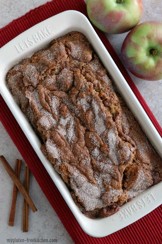 Loaf of gluten-free apple bread in pan