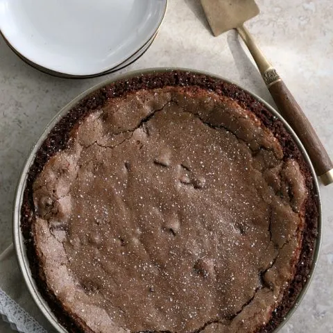 Gluten-free Fudge Pie with Chocolate Crust and powdered sugar sprinkled