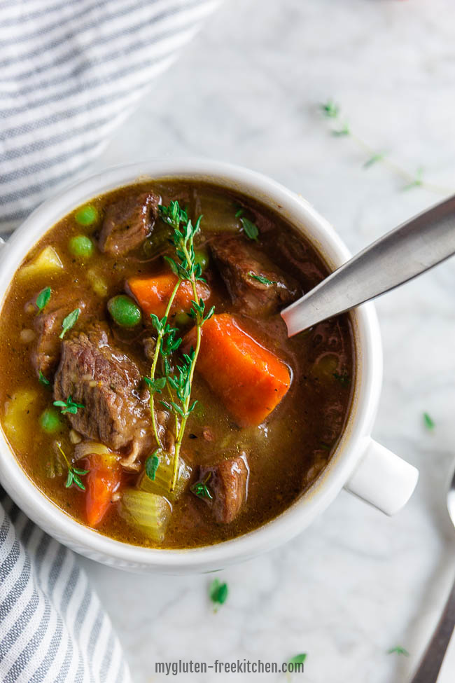 Gluten-free Beef Stew in Bowl with spoon
