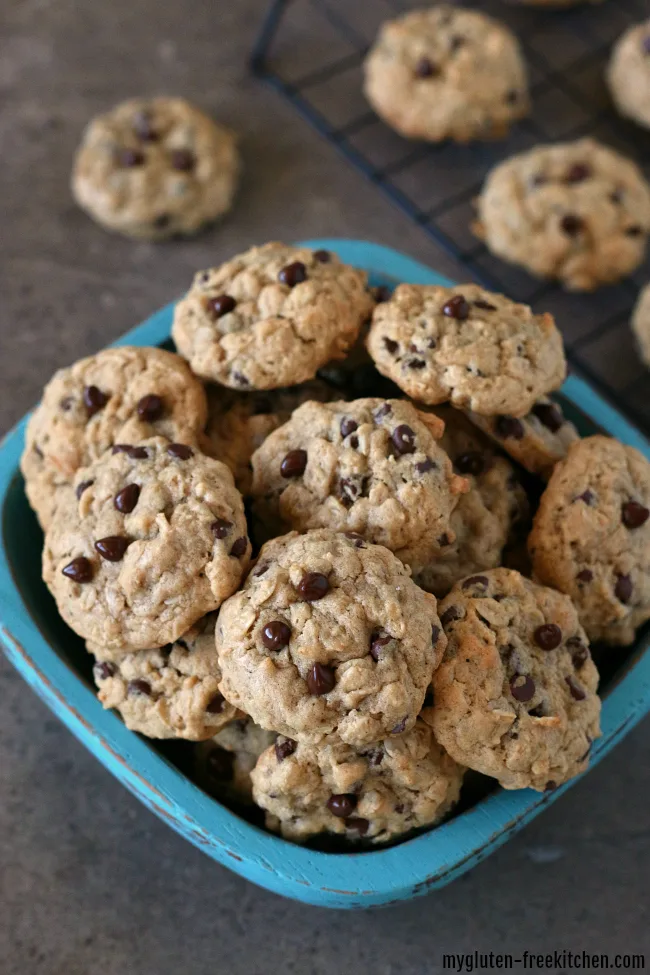 Gluten-free Oatmeal Chocolate Chip Cookies. These are dairy-free too! Easy recipe that makes a LARGE batch!