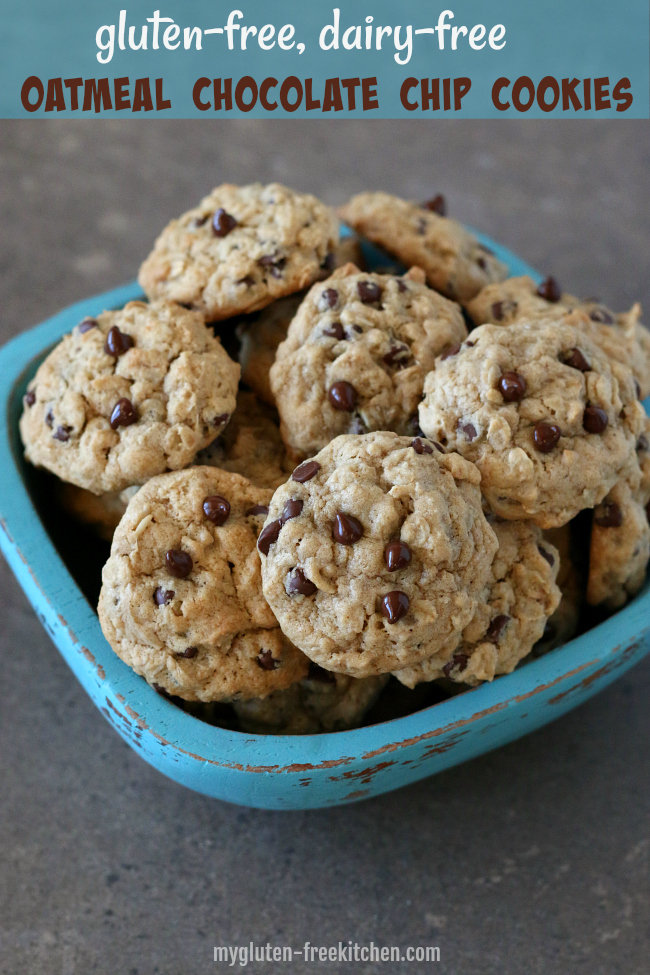 gluten-free dairy-free oatmeal chocolate chip cookie recipe. Makes a LARGE batch of cookies! 7 dozen!
