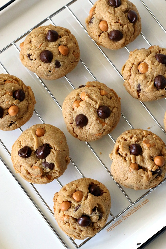 Gluten-free Peanut Butter Butterscotch Chocolate Chip Cookies on cooling rack