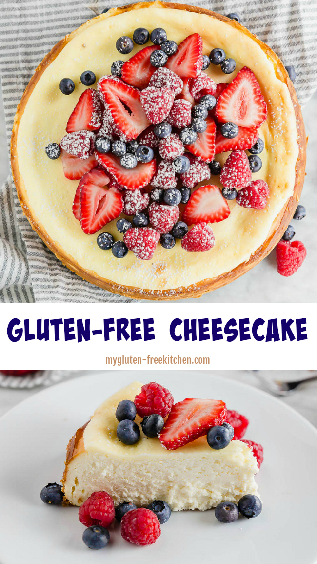 Best Gluten-free Cheesecake Recipe with fresh berries and powdered sugar