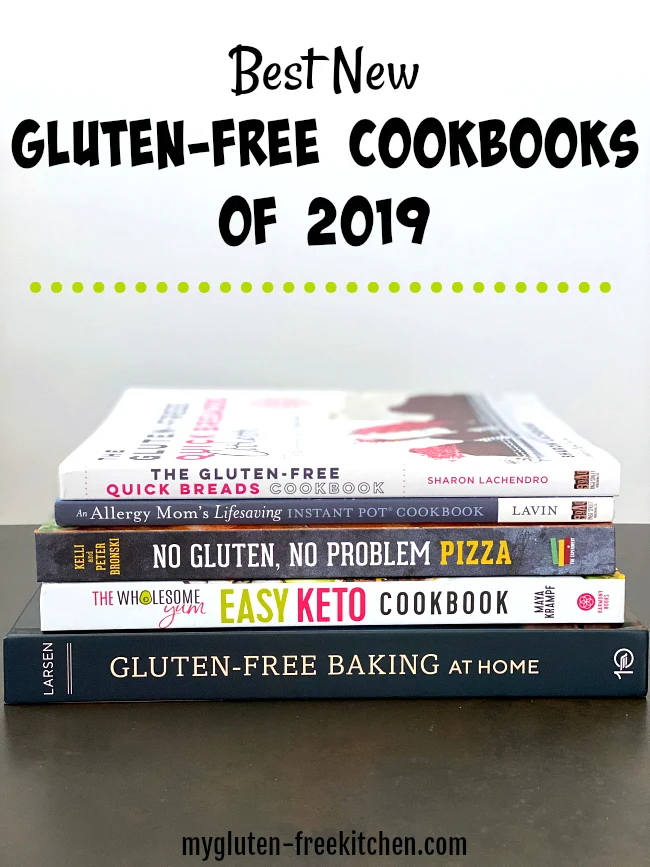 stack of gluten-free cookbooks published in 2019