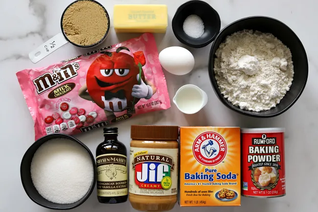 Ingredients for gluten-free peanut butter m&m cookies