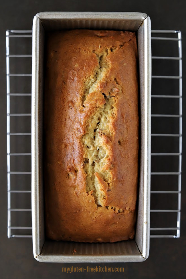 Gluten-free Banana Bread with Nuts loaf in pan