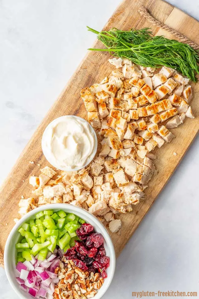 Chopped Chicken Salad ingredients on a board