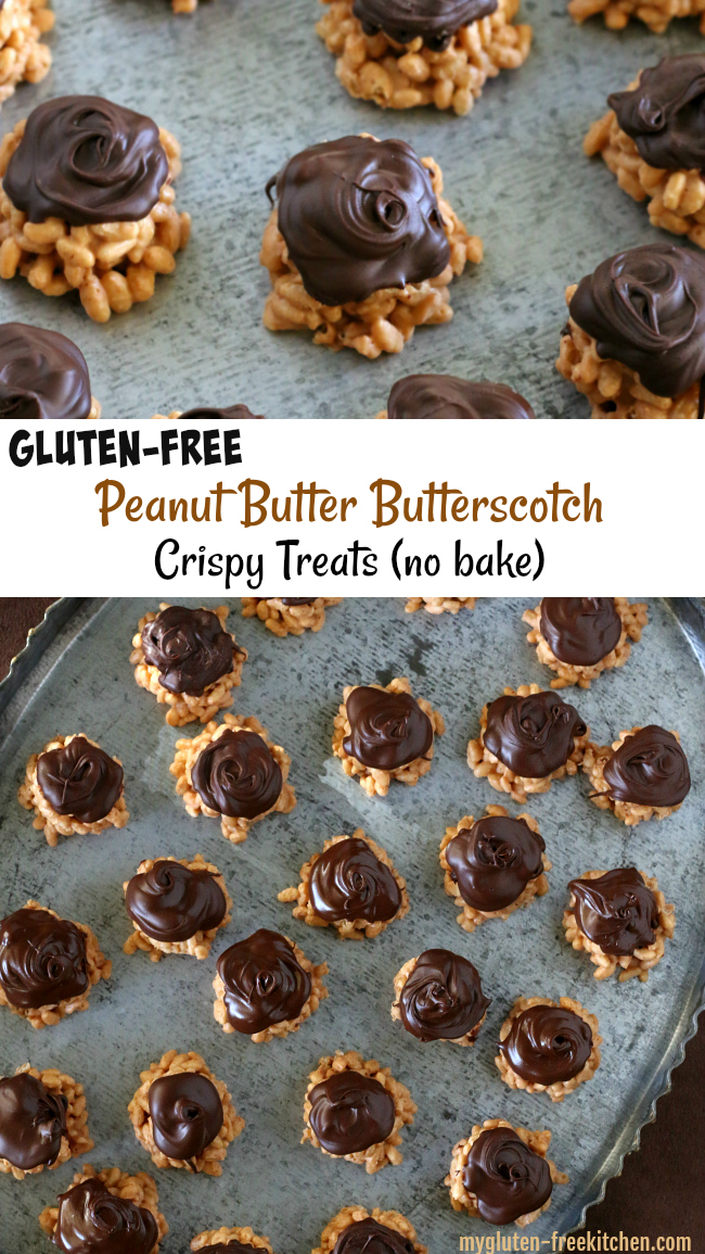 Gluten-free Peanut Butter Butterscotch Crispy Treats on platter