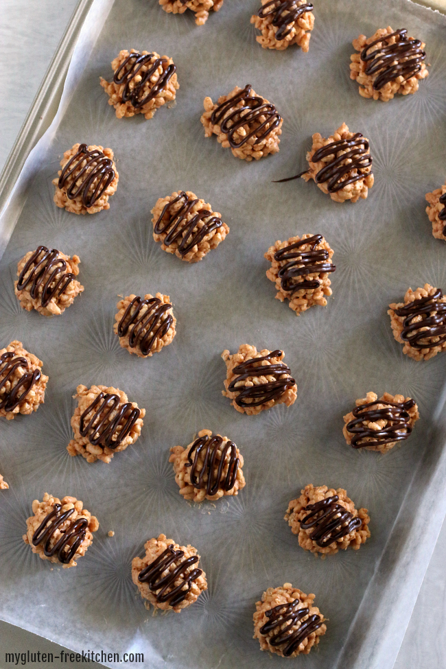 Pan of Gluten-free no bake treats with drizzled chocolate