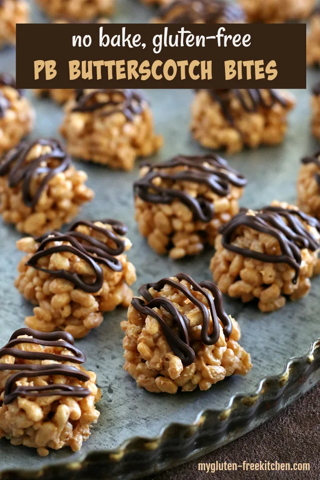 No Bake Gluten-free PB Butterscotch Bites on platter with chocolate drizzle