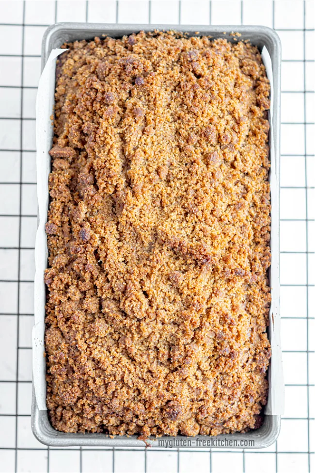 Loaf of Gluten-free Pumpkin Streusel Bread on cooling rack