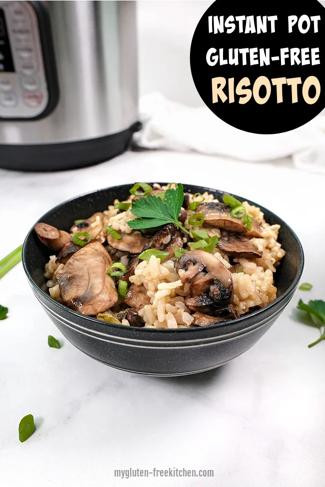 black bowl with mushroom risotto in it with an Instant Pot in background
