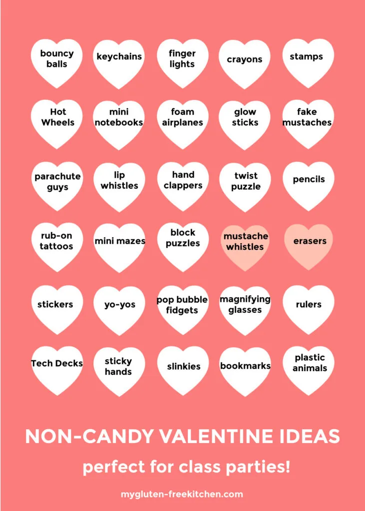 list of non-candy valentine ideas listed in heart icons