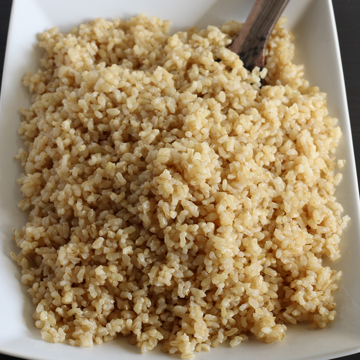 closeup of cooked brown rice on white rectangular platter with serving utensil
